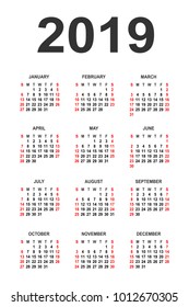 Calendar 2019 year vector design template. Simple 2019 year calendar.  Vector circle calendar 2019. Week starts from Sunday and ends  with Saturday. Font Arial sans serif