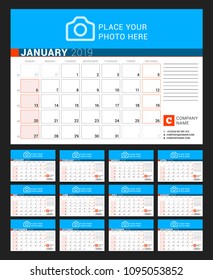 Calendar for 2019 Year. Vector Design Print Template with Place for Photo, Logo and Contact Information. Week Starts on Sunday. Calendar Grid with Week Numbers and Place for Notes