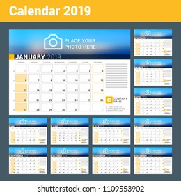 Calendar for 2019 Year. Vector Design Print Template with Place for Photo, Logo and Contact Information. Week Starts on Sunday. Calendar Grid with Week Numbers and Place for Notes