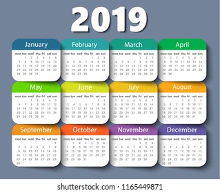 Calendar 2019 year vector design template, Week starting on Monday. EPS10