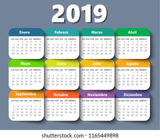 Calendar 2019 year vector design template in Spanish, Week starting on Monday. EPS