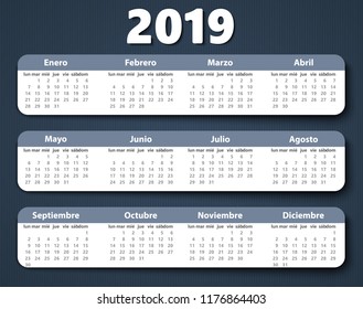 Calendar 2019 year vector design template in Spanish, Week starting on Monday. EPS