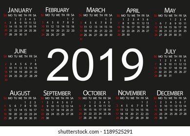 Calendar 2019 year vector design template. Simple 2019 year calendar. Vector circle calendar 2019. Week starts from Sunday and ends with Saturday. Font sans serif