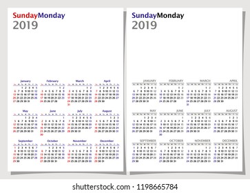 Calendar 2019 year vector design template, simple minimalism style, week starts from Sunday