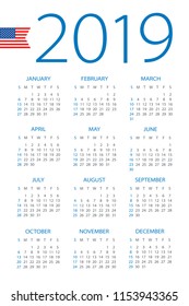 Calendar 2019 year - vector illustration. American version