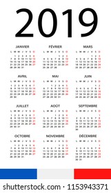 Calendar 2019 year - vector illustration. French version