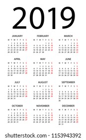 Calendar 2019 year - vector illustration. Week starts on Monday