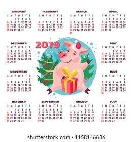 Calendar of the 2019 year. Vector illustration with the pig - symbol of the 2019 year.