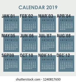Calendar for 2019 year. Vector illustration.