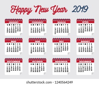 Calendar 2019 year. Vertical calender simple design template. Red color vector set.