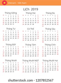 Calendar 2019 year for Vietnam country. Vietnamese language. In a portrait format with red weekends. Week starts on Sunday