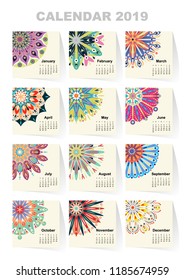 Calendar for 2019 year. Vintage decorative mandala elements. Week starts on sunday. Vintage style template for your design