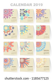 Calendar for 2019 year. Vintage decorative mandala elements. Week starts on sunday. Vintage style template for your design
