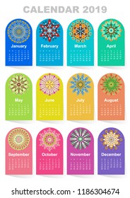 Calendar for 2019 year. Vintage decorative mandala elements. Week starts on sunday. Vintage style template for your design