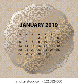 Calendar for 2019 year. Vintage decorative mandala elements n gold color. Week starts on sunday
