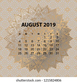 Calendar for 2019 year. Vintage decorative mandala elements n gold color. Week starts on sunday