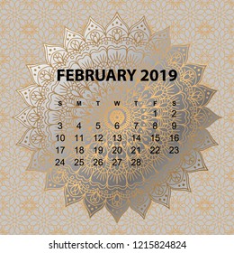 Calendar for 2019 year. Vintage decorative mandala elements n gold color. Week starts on sunday