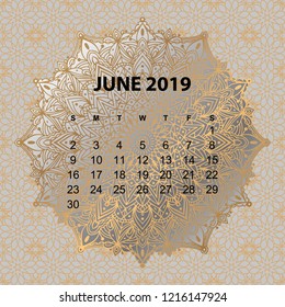 Calendar for 2019 year. Vintage decorative mandala elements n gold color. Week starts on sunday