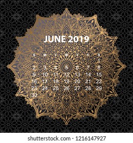 Calendar for 2019 year. Vintage decorative mandala elements n gold color. Week starts on sunday
