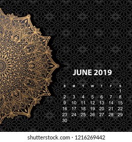 Calendar for 2019 year. Vintage decorative mandala elements in gold color. Week starts on sunday.