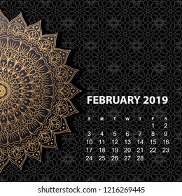 Calendar for 2019 year. Vintage decorative mandala elements in gold color. Week starts on sunday.