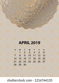 Calendar for 2019 year. Vintage decorative mandala elements in gold color. Week starts on sunday