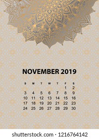 Calendar for 2019 year. Vintage decorative mandala elements in gold color. Week starts on sunday