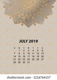 Calendar for 2019 year. Vintage decorative mandala elements in gold color. Week starts on sunday