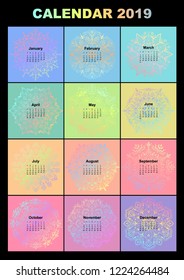 Calendar for 2019 year. Vintage decorative mandala elements. Week starts on sunday. Vintage style template for your design