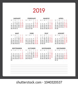 Calendar for 2019 year. Week starts on Monday. Printable vector stationery design template