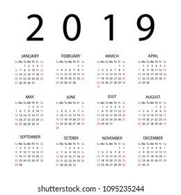 Calendar 2019 year. Week starts with Sunday