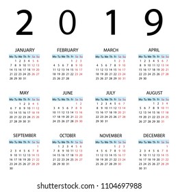 Calendar 2019 year. Week starts with Monday. 