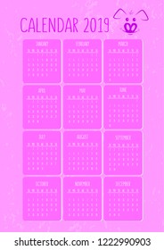 Calendar for 2019 year. Weeks starts on Sunday. A4 format. Basic grid. Simple design template.