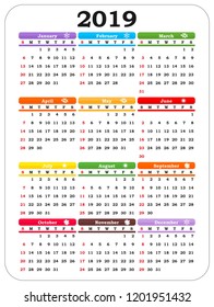 Calendar 2019 year in white background. Week starts from Sunday. Vector illustration.