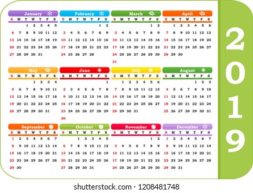 Calendar 2019 year in white background. Week starts from Sunday. Vector illustration.