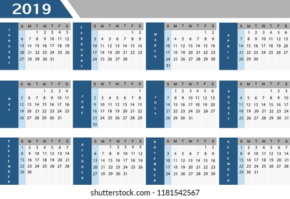 Calendar for 2019 year.Vector modern calendar.
