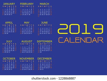 Calendar 2019 yellow white text number on blue background vector illustration.