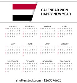 Calendar 2019 Yemen Flag background. English language