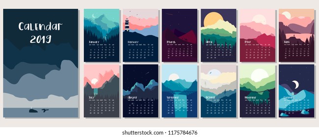 Calendar 2019.Vector set with  landscape illustration. Flat design. Handwritten lettering of months. Eps 10.