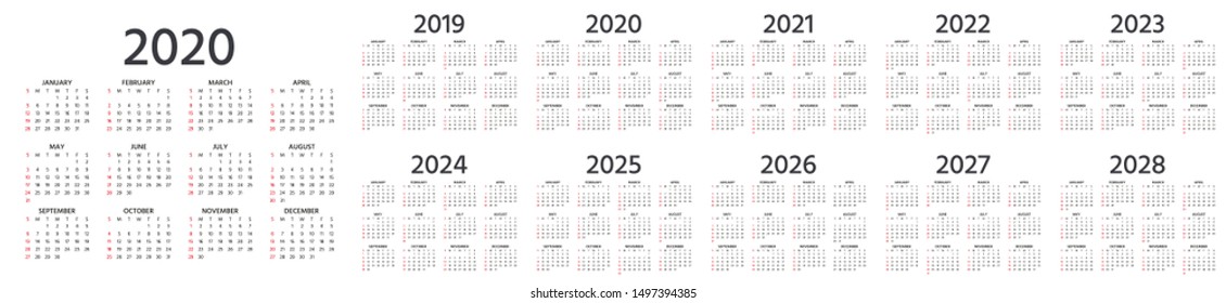 Calendar 2020 2019 2021 2022 2023 Stock Vector Royalty Free