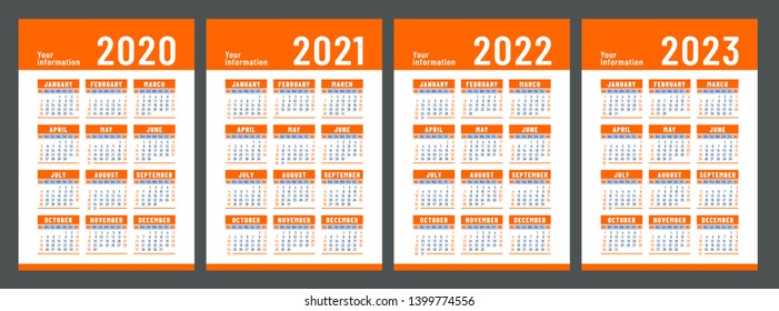 Calendar 2020, 2021, 2022 and 2023. English color vector set. Week starts on Sunday. Vertical calender design template. Design collection
