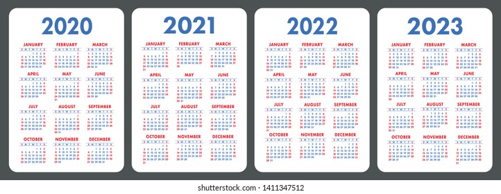 Calendar 2020, 2021, 2022 and 2023. English color vector set. Vertical wall or pocket calender template. Design collection. New year. Week starts on Sunday