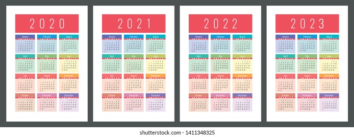 Calendar 2020, 2021, 2022 and 2023. English color vector set. Vertical wall or pocket calender template. Design collection. New year. Week starts on Sunday