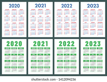 Calendar 2020, 2021, 2022 and 2023. English color vector set. Vertical wall or pocket calender template. Golorful big design collection. New year. Week starts on Sunday