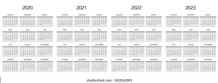 Calendar 2020, 2021, 2022, 2023 template. 12 Months. include holiday event. Week Starts Sunday