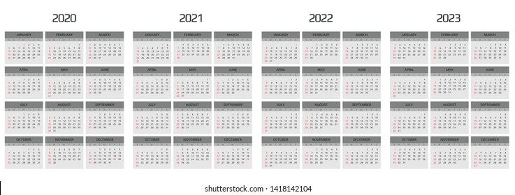 Calendar 2020, 2021, 2022, 2023 template. 12 Months. include holiday event. Week Starts Sunday