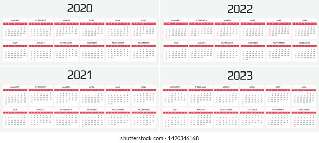 Calendar 2020, 2021, 2022, 2023 template. 12 Months. include holiday event. Week Starts Sunday