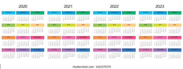 Calendar 2020, 2021, 2022, 2023 template. 12 Months. include holiday event. Week Starts Sunday