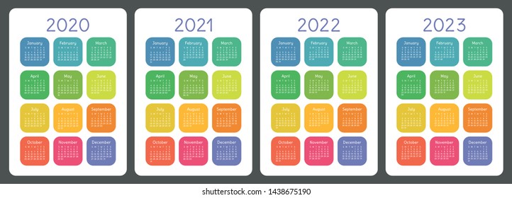 Calendar 2020, 2021, 2022 and 2023. English color vector set. Vertical wall or pocket calender template. Design collection. New year. Week starts on Sunday