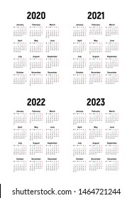 calendar 2020, 2021, 2022 and 2023, week starts on Monday, basic business template. vector illustration